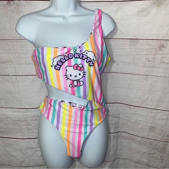 SHEIN X Hello Kitty Friends Cartoon & Rainbow Striped One Shoulder 1P Swimsuit L - Picture 1 of 9